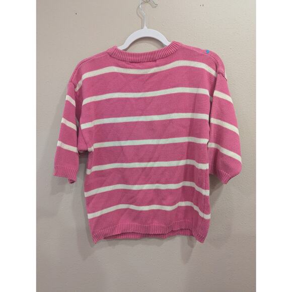 VINTAGE 1980s Short sleeve pink & white striped sweater w/floral graphic knit S - Picture 4 of 8
